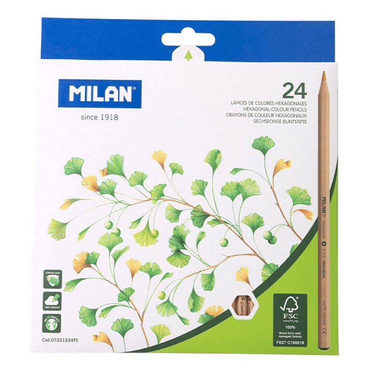 Milan Pack de 24 Lapices Hexagonales de Colores - Mina 2.9mm - Resistente a la Rotura - Madera Certificada FSC - Colores Surtidos 1