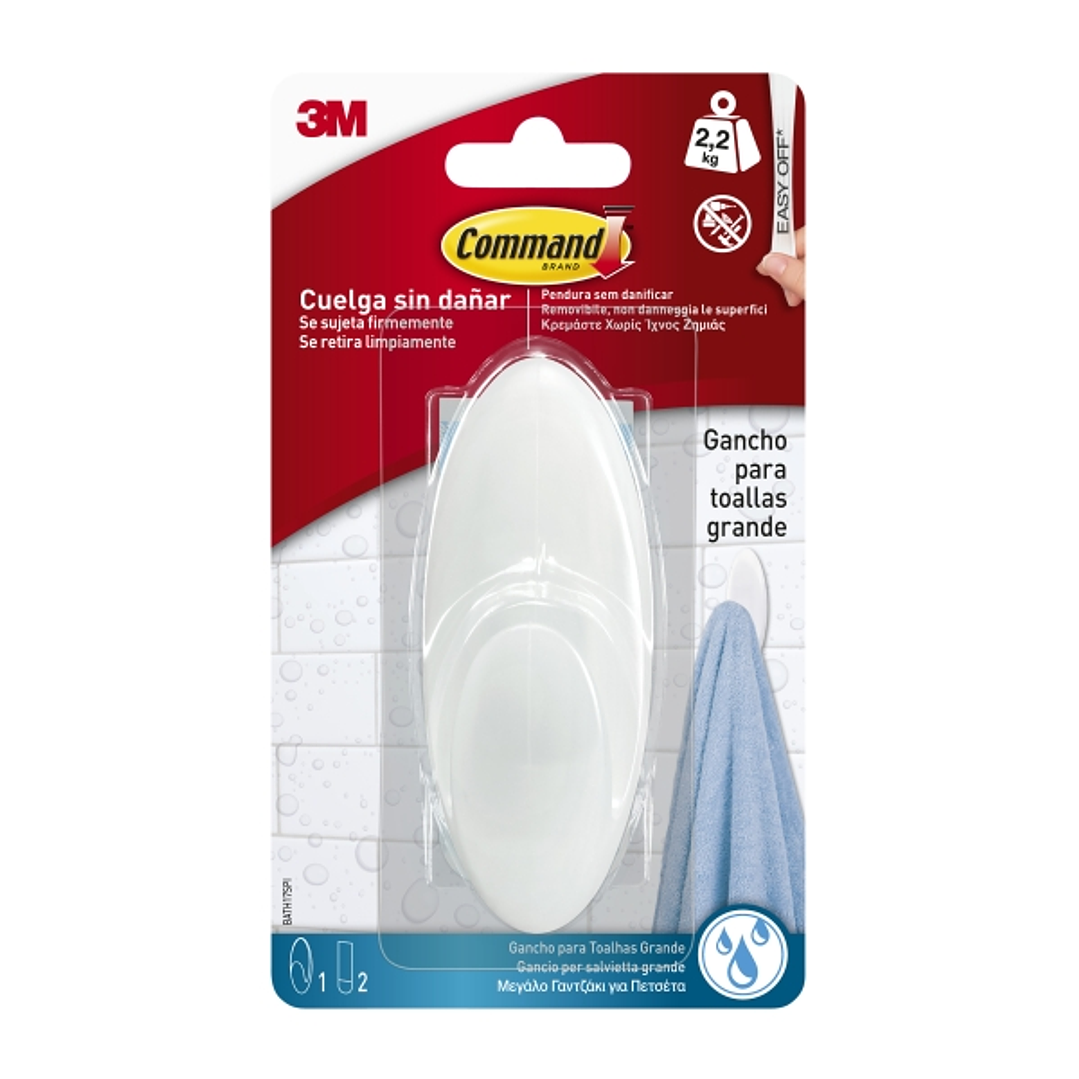 Command Gancho Grande para Toallas - Resistente al Agua - 1 Tira Adhesiva - Soporta hasta 2.2kg - Color Blanco 1