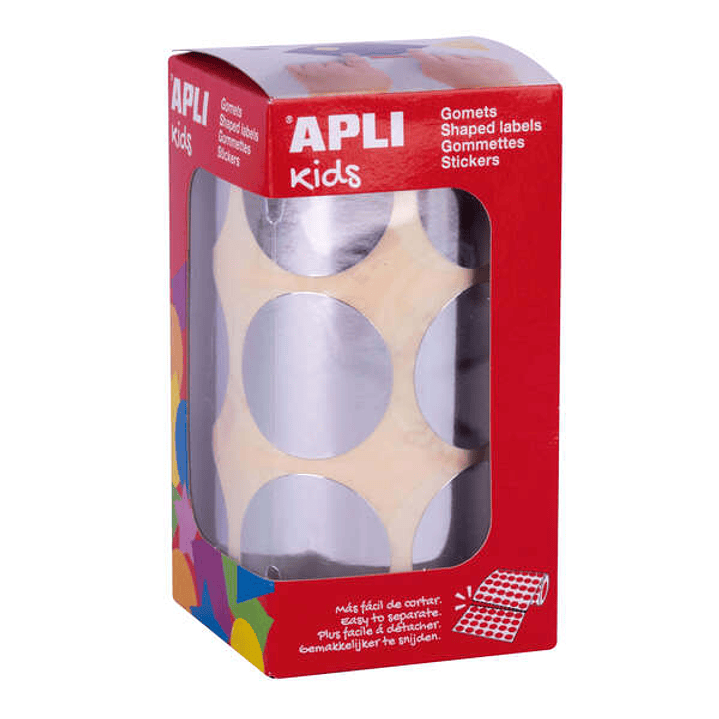 Apli Gomets Redondos Plata Metalizado - Ø33mm - 59 Hojas Pretroqueladas - Adhesivo Base Agua - Normas EN-71 y FSC 1