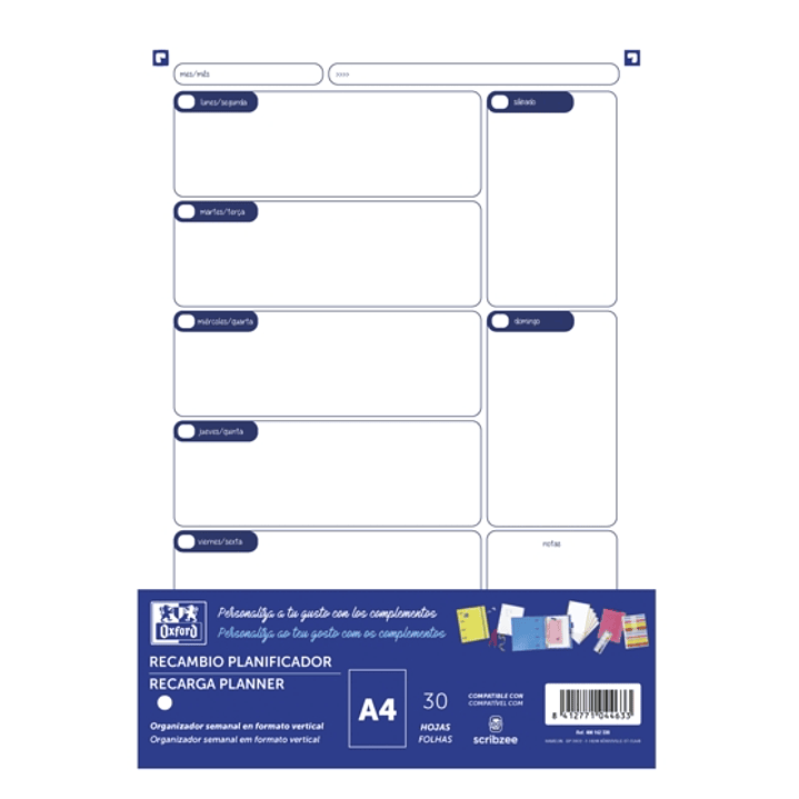 Oxford Recambio Planificador A4 30 Hojas - No Fechado - Ideal para Organizar tus Tareas Diarias - Compatible con la Mayoria de los Planificadores A4 1