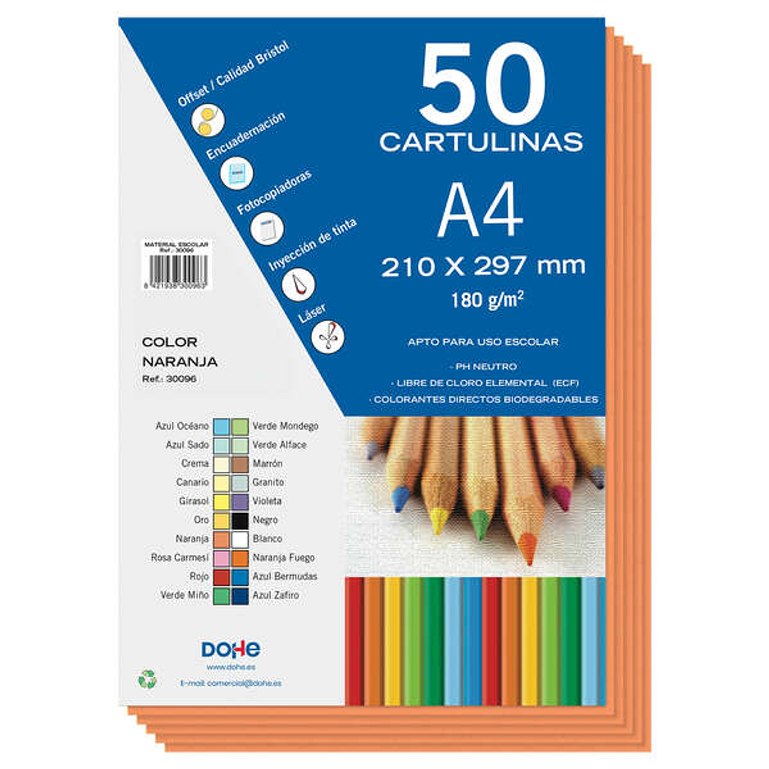Dohe Pack de 50 Cartulinas A4 de 180gr - Con PH Neutro - Libres de Cloro Elemental - Color Naranja 1