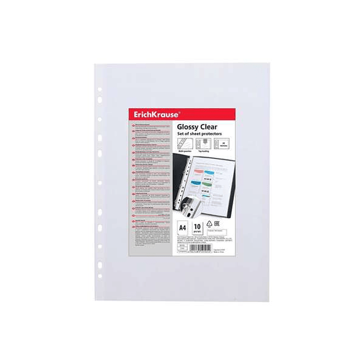 Erichkrause Glossy Clear Pack de 10 Fundas Multitaladro A4 60mic - 11 Taladros - Acabado Brillante Transparente 1