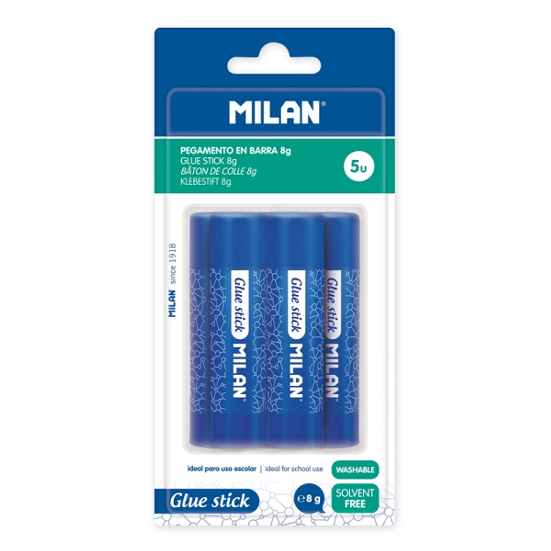 Milan Pack de 5 Barra de Pegamento 8 g - Multiusos - Multisuperficies - Sin Disolventes - Uso Escolar - Color Azul 1