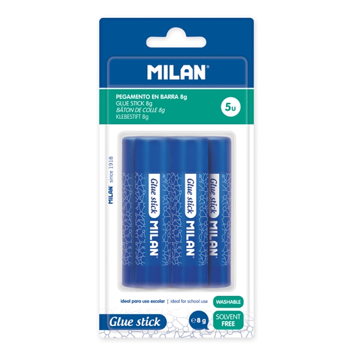Milan Pack de 5 Barra de Pegamento 8 g - Multiusos - Multisuperficies - Sin Disolventes - Uso Escolar - Color Azul 1