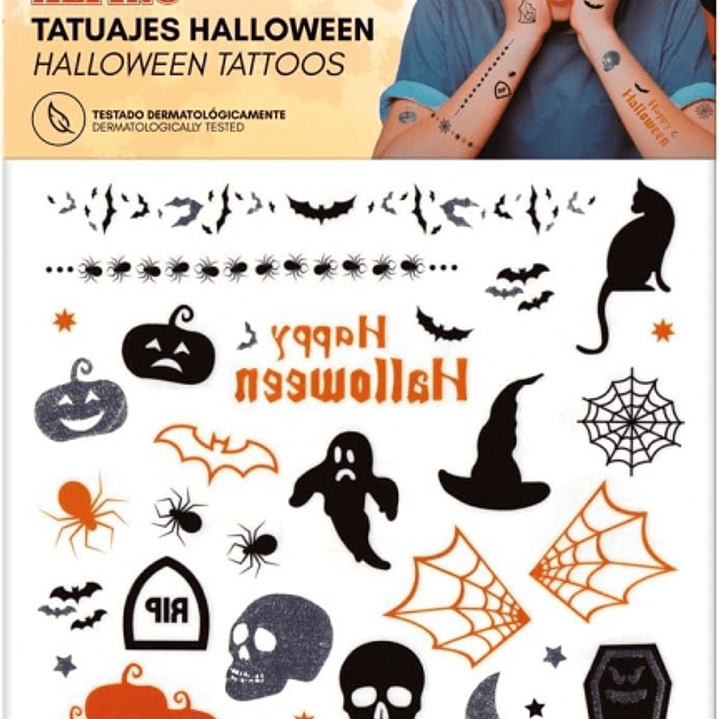 Alpino Pack de Tatuajes Halloween - Diseños Terrorificos - Colores Plata, Negro y Naranja 1
