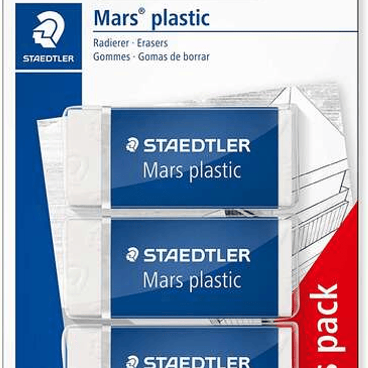Staedtler Mars Plastic Pack de 3 Gomas de Borrar - Plastico - Alta Precision - Color Blanco 1