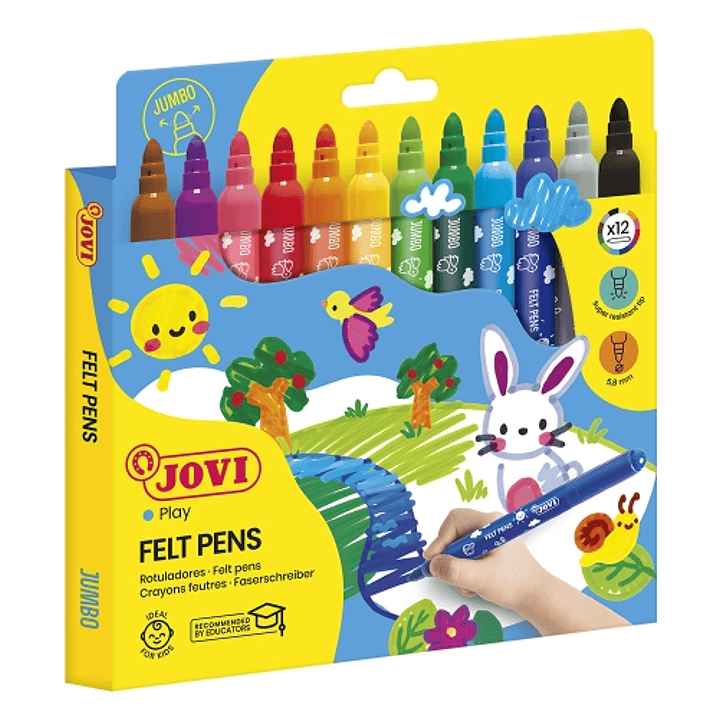 Jovi Felt Pens Estuche de 12 Rotuladores Jumbo - Tinta de Gran Fijacion - Punta de 3mm - Capuchon de Seguridad Ventilado - Grip Triangular Ergonomico  1