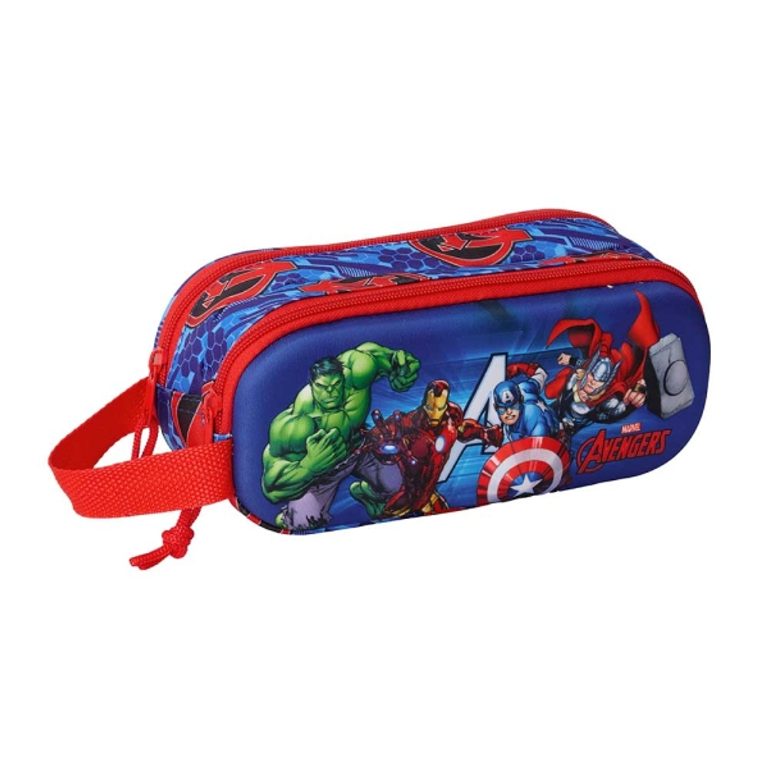 Safta Avengers Estuche Portatodo 3D de 1L - 2 Compartimentos - Cierre de Cremallera - Asa de Mano - 21x8x6cm - Color Rojo y Azul 1