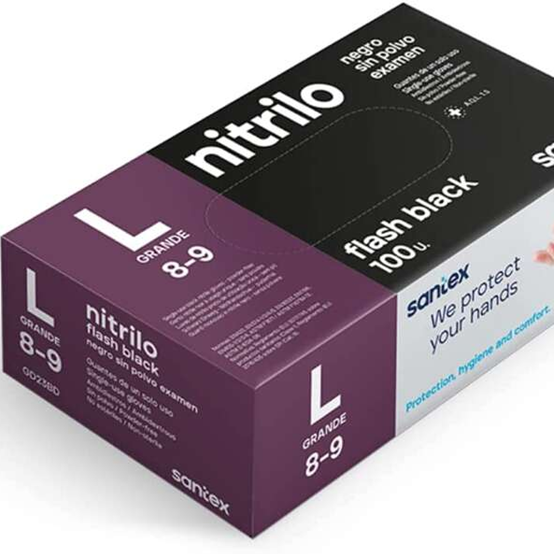 Santex Flash Black Pack de 100 Guantes de Nitrilo Talla L - 6 gramos - Sin Polvo - Libre de Latex - No Esteriles - Color Negro 1