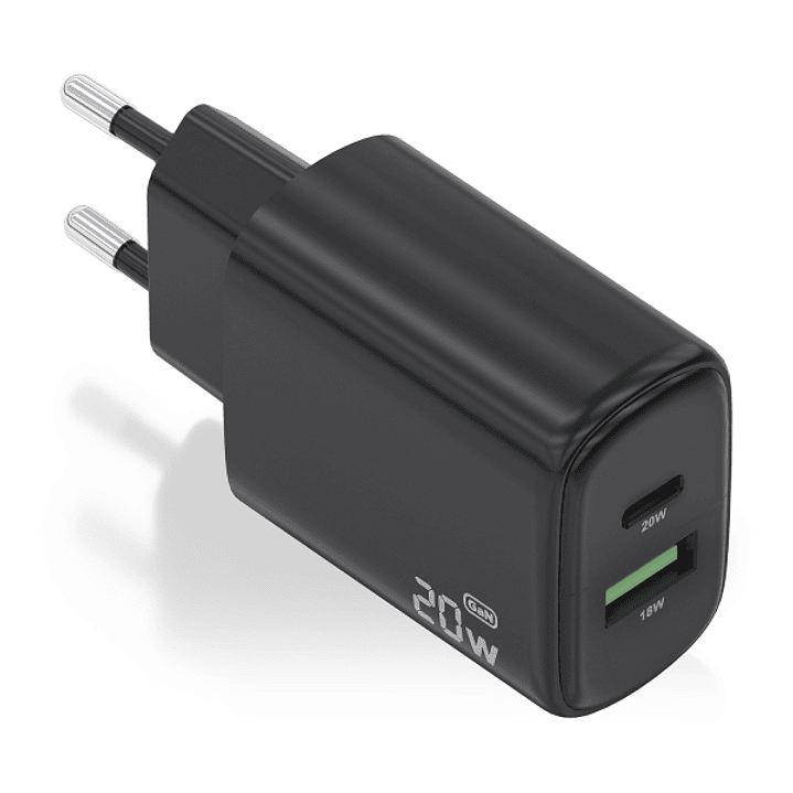 Aisens Cargador GaN 20W - 1xUSB-C PD3.0 - 1xUSB-A QC3.0 - Color Negro 1