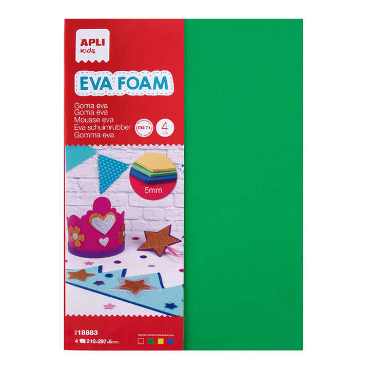 Apli Goma Eva Multicolor A4, 5mm - 4 Hojas Gruesas - Rojo, Amarillo, Verde y Azul 1