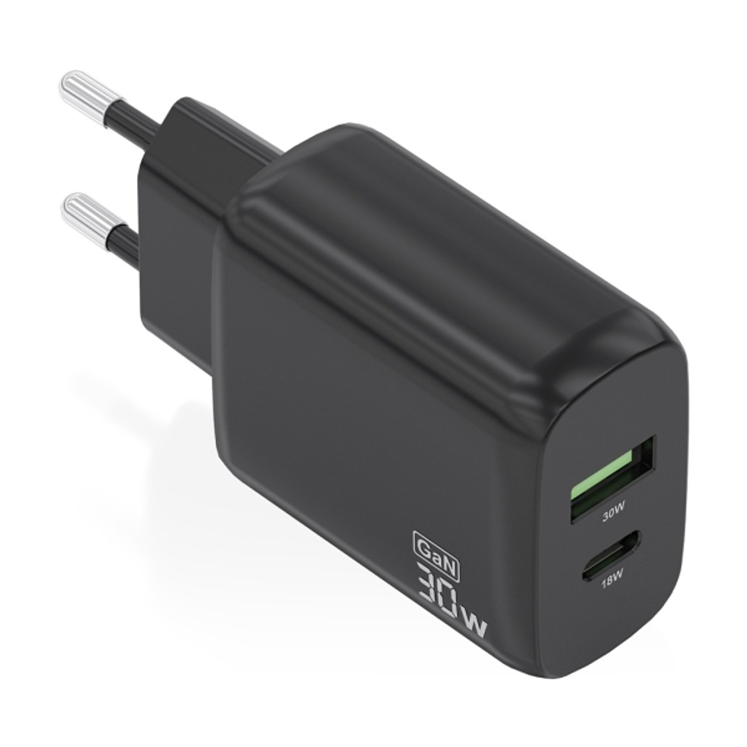 Aisens Cargador GaN 30W - 1xUSB-C PD3.0 QC4.0 - 1xUSB-A QC3.0 - Color Negro 1
