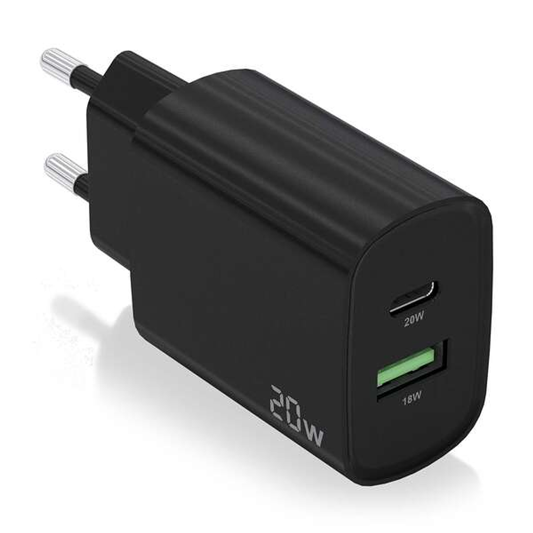 Aisens Cargador 20W - 1xUSB-C PD3.0 - 1xUSB-A QC3.0 - Color Negro 1