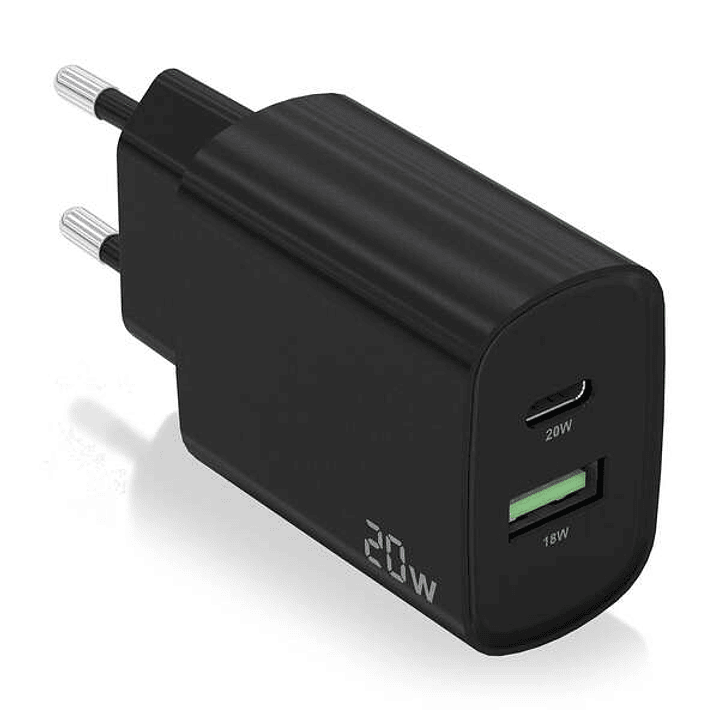 Aisens Cargador 20W - 1xUSB-C PD3.0 - 1xUSB-A QC3.0 - Color Negro 1