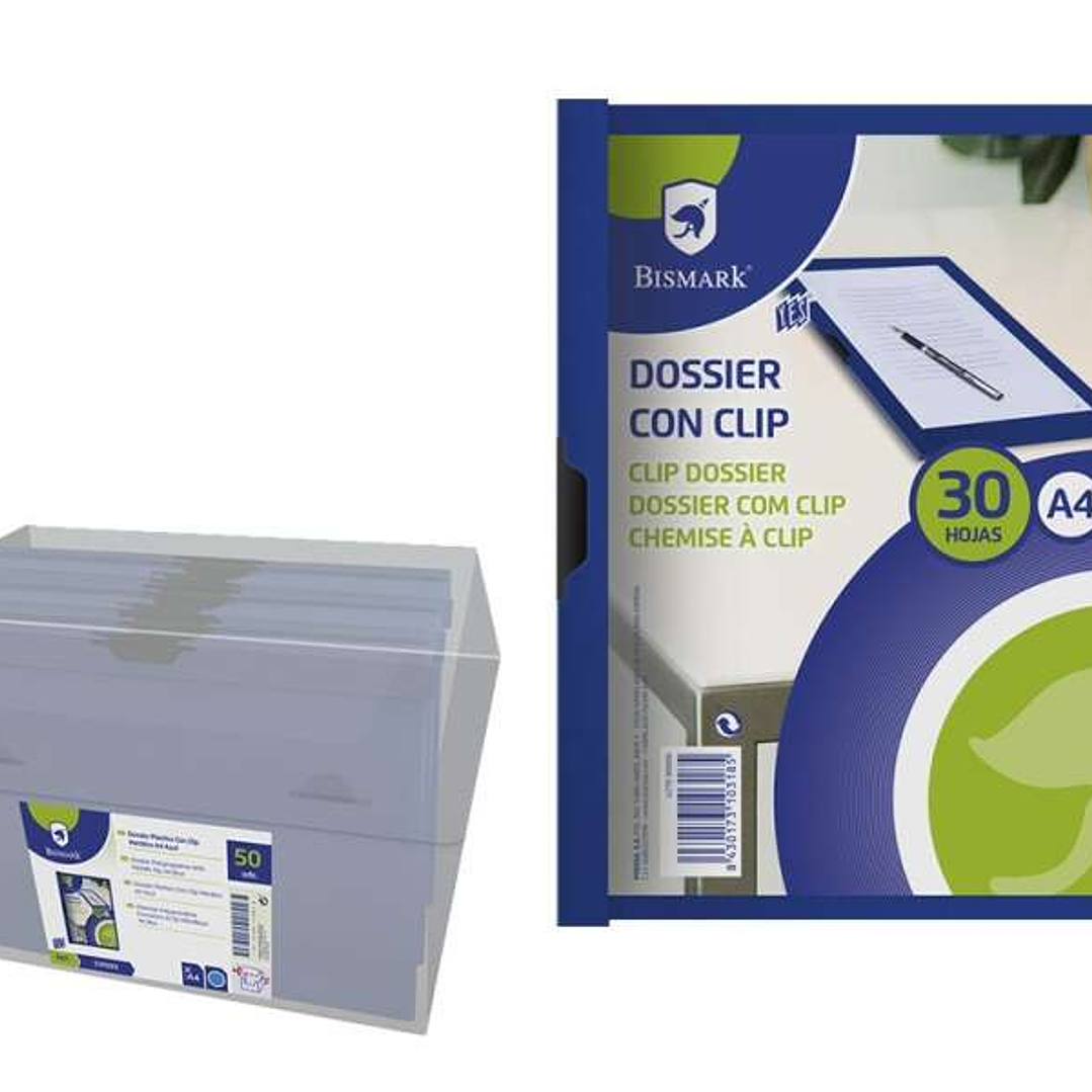 Bismark Dossier para 30 Hojas A4 con Clip Metalico Lateral - Polipropileno Transparente - Color Azul 1