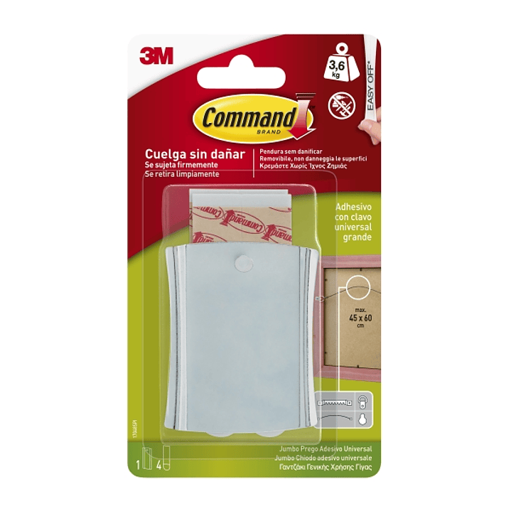 Command Universal Soporte Adhesivo con Clavo para Colgar - 4 Tiras Adhesivas - Extragrande - Soporta hasta 3.6kg - Color Gris Metalizado 1