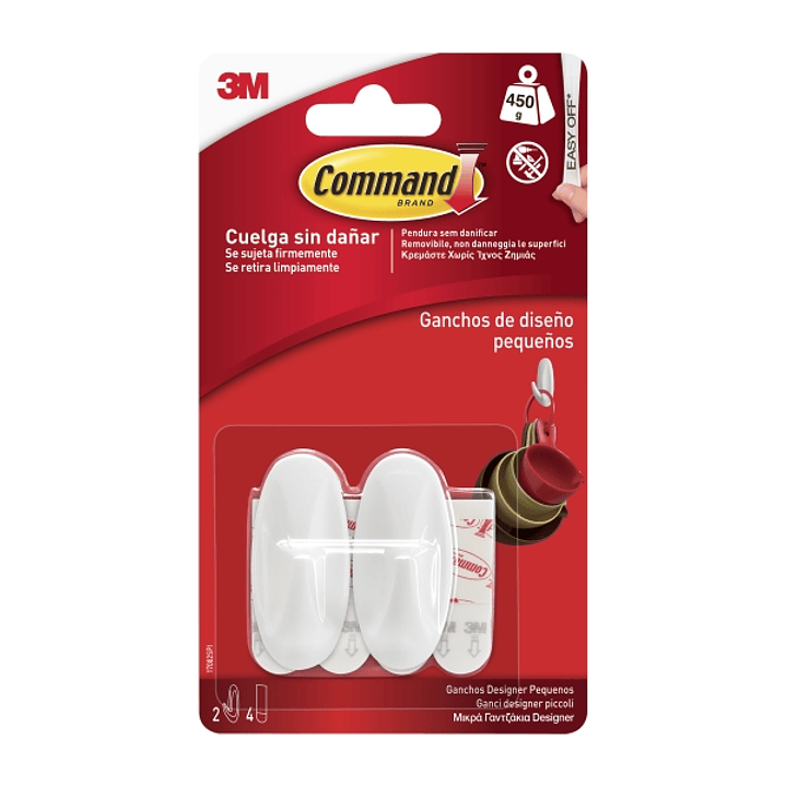 Command Pack de 2 Ganchos Compactos - Talla S - 4 Tiras Adhesivas - Soporta hasta 450G - Color Blanco 1