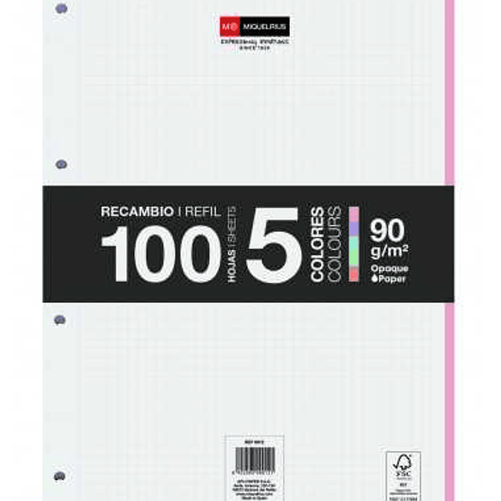 Miquel Rius Recambio Formato A4 - 100 Hojas Sueltas de 90gr con 4 Taladros - Banda de las Hojas en 5 Colores Pastel - Cuadricula 5x5 1