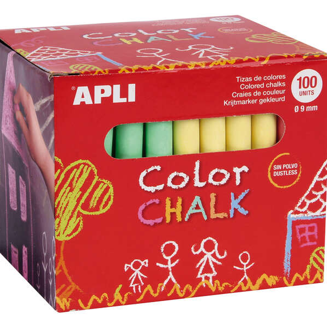 Apli Pack de 100 Tizas Redondas de Colores Surtidos Ø 9 x 80mm - Sin Polvo - Ideales para Escribir, Dibujar y Colorear en Pizarras y Pavimentos - Apta 1