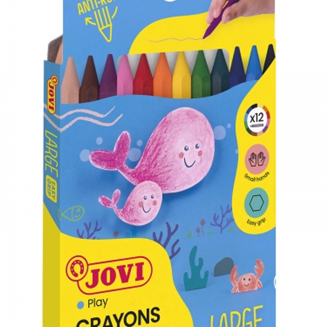 Jovi Large Easy Grip Pack de 12 Ceras Plasticas Hexagonales - Facil de Sacar Punta - No Mancha - Ideal para Manos Pequeñas - Colores Surtidos 1