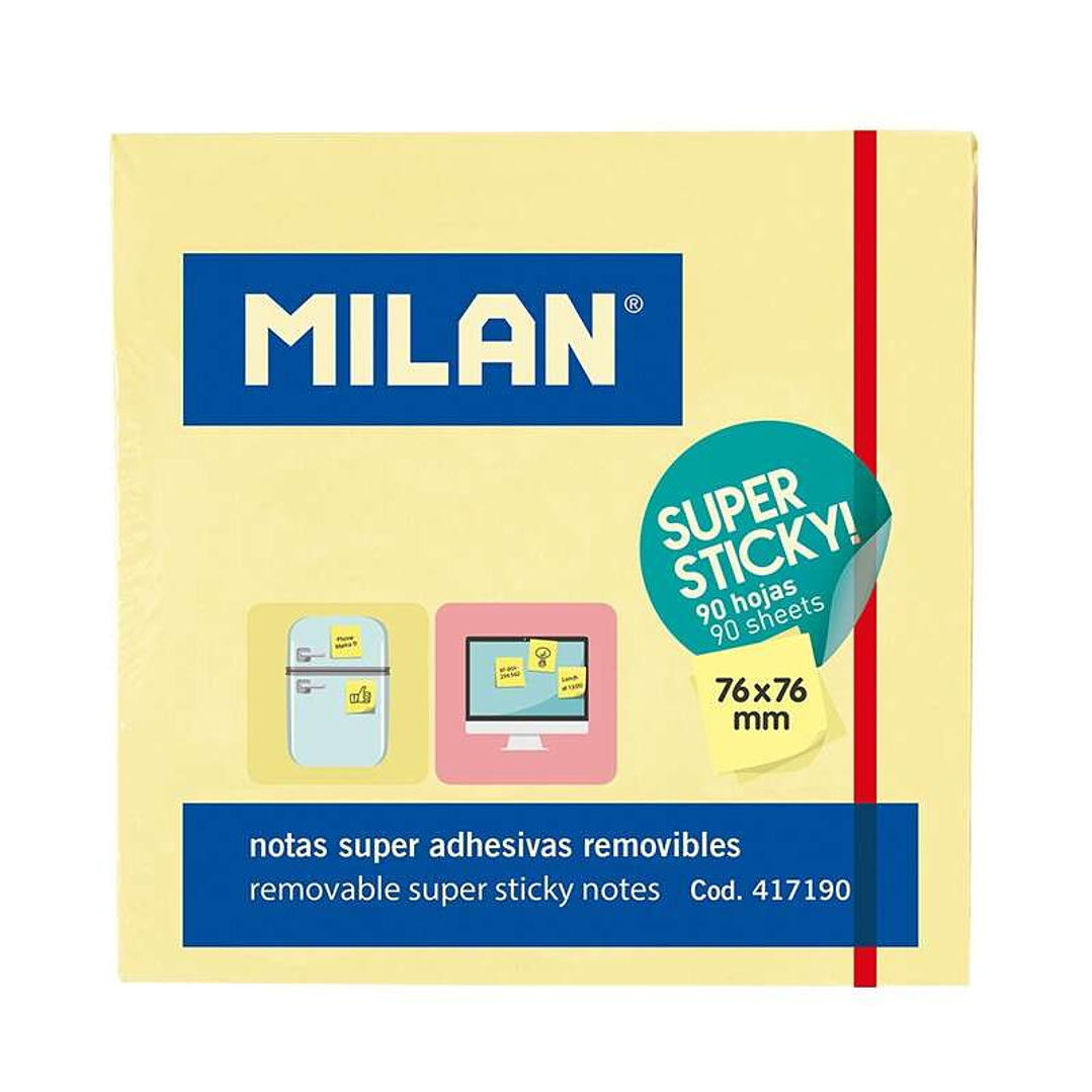 Milan Bloc de 90 Notas Super Adhesivas - Removibles - Mayor Permanencia - 76mm x 76mm - Color Amarillo Pastel 1