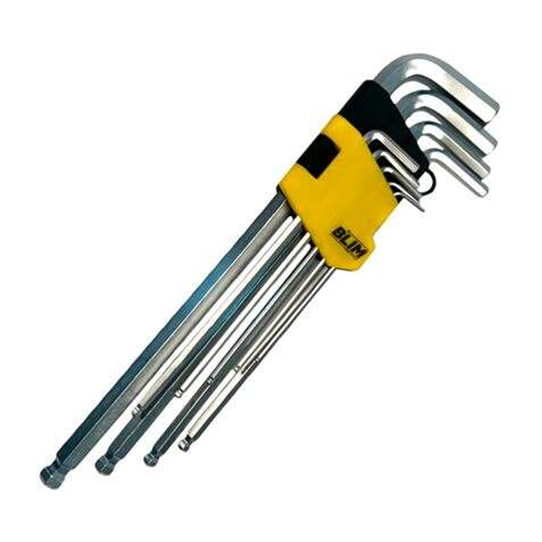 Blim Juego Llaves Allen Largas de Bola - Tamaño 1.5-2-2.5-3-4-5-6-8-10 mm - Acero Cromo Vanadio Tratado y Templado - Extremo de Bola Hasta 25º - Acaba 1