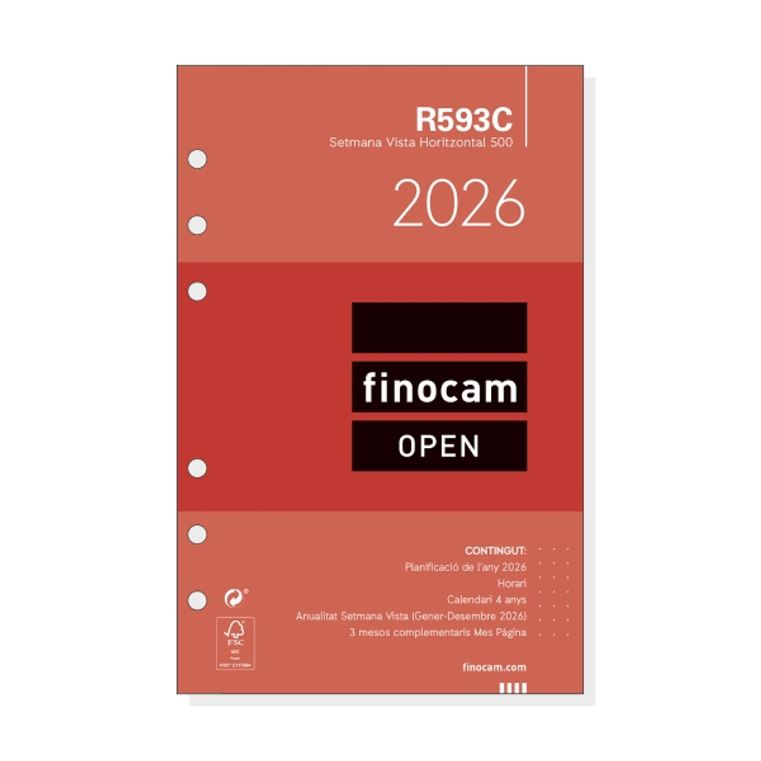 Finocam R593C Recambio Anual 2026 para Agendas Open 2026 en Catalan - Formato 500 - 117x6x181mm - Semana Vista Horizontal - Color Blanco 1