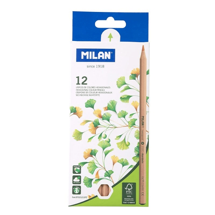 Milan Pack de 12 Lapices Hexagonales de Colores - Mina 2.9mm - Resistente a la Rotura - Madera Certificada FSC - Colores Surtidos 1