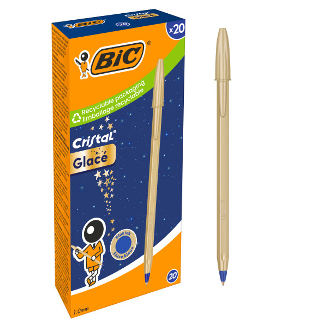 Bic Cristal Glace Boligrafo de Bola - Cuerpo Opaco en Color Oro Mate - Punta Redonda de 1mm - Trazo 0.4mm - Tinta con Base de Aceite - Color de la Tin 1