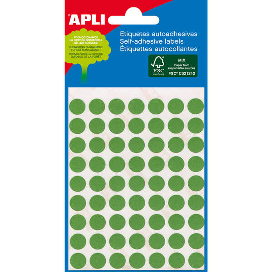 Apli Minibolsa de 288 Etiquetas Redondas Ø 8mm - 3 Hojas por 96 Etiquetas - Adhesivo Permanente - Color Verde 1