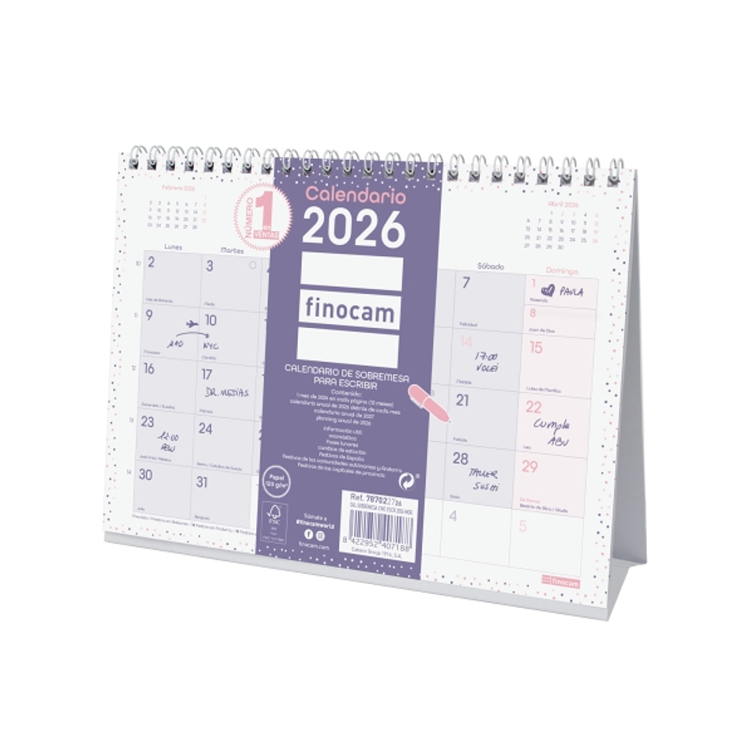 Finocam Chic Calendario de Sobremesa - Anual 2026 - 210x70x155mm - Espacio para Escribir - Color Morado 1