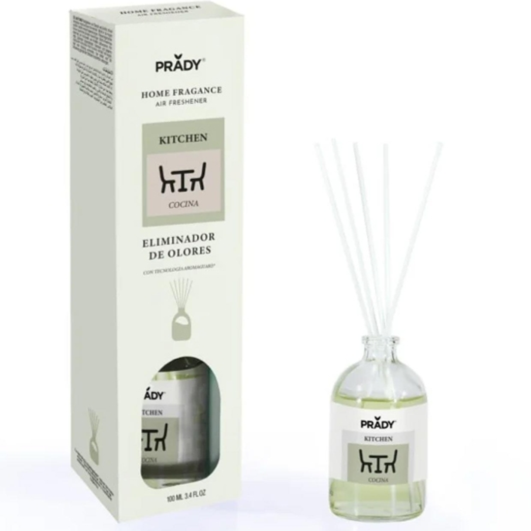Prady Ambientador Mikado Neutralizador de Olores Para Cocina - Frasco de Cristal 100 ml y Varitas Difusoras 1