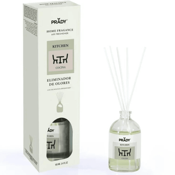 Prady Ambientador Mikado Neutralizador de Olores Para Cocina - Frasco de Cristal 100 ml y Varitas Difusoras 1