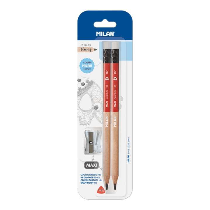 Milan Maxi Pack de 2 Lapices + Goma + 1 Sacapuntas - Dureza Media HB - Color Rojo 1