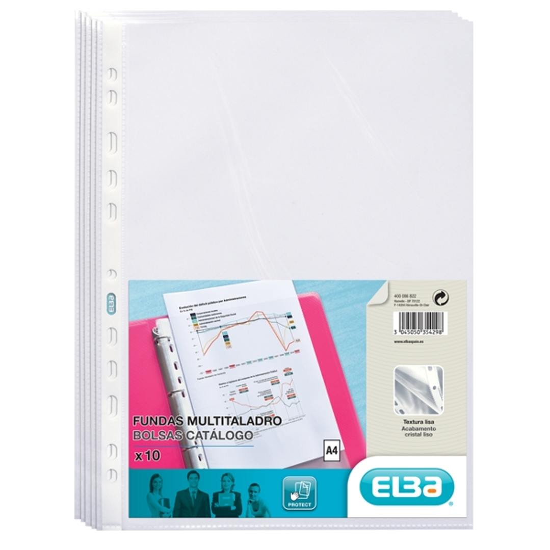 Elba Pack de 10 Fundas Multitaladro PP 70 Micras - Tamaño A4 - Acabado Cristal - Transparente 1