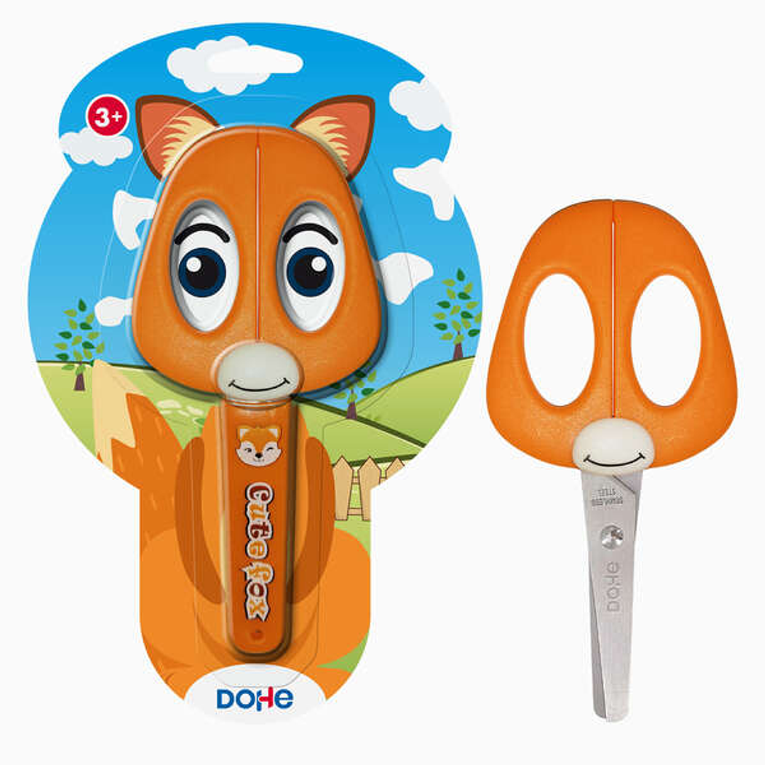 Dohe Tijera Escolar para Niños - Acero Inoxidable - Puntas Redondeadas - Funda para las Hojas - Diseño Zorro 1