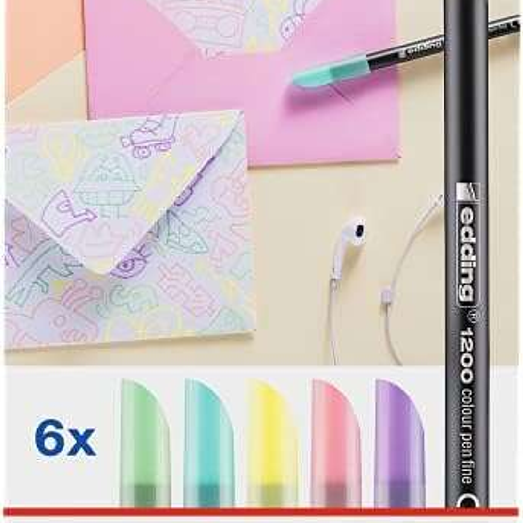 Edding 1200 Pastel Pack de 6 Rotuladores - Punta Redonda - Trazo 1mm - Tinta con Base de Agua - Colores Pastel Surtidos 1