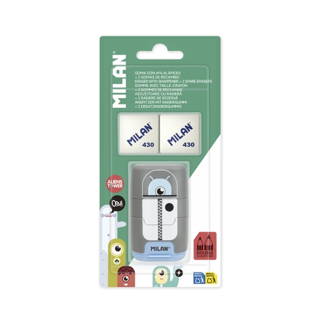 Milan Compact Aliens Afilaborra - 2 Gomas de Recambio - Cuchilla de Acero de Seguridad - Doble Agujero para Normal y Maxi - Colores Surtidos 1