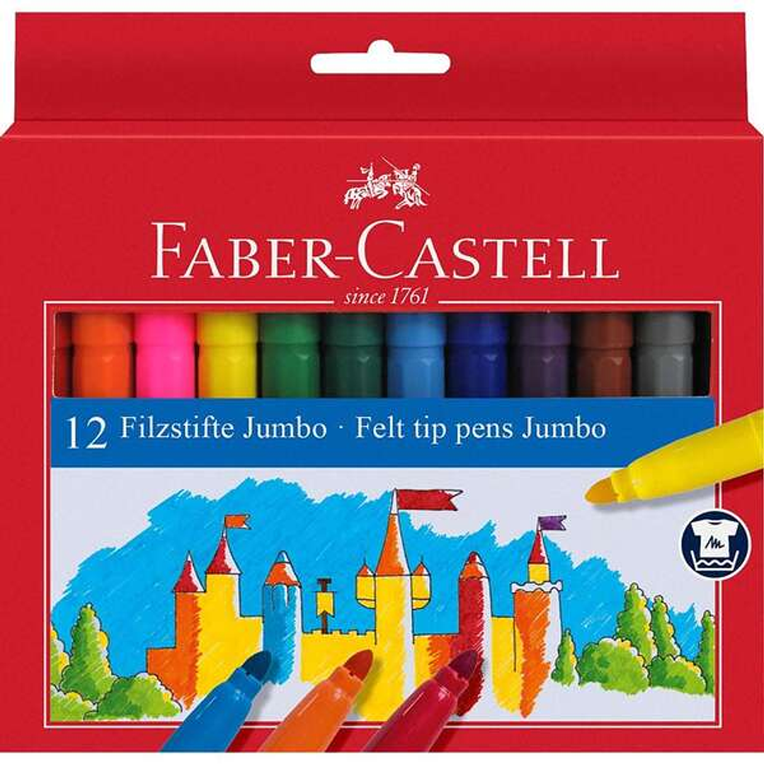 Faber-Castell Jumbo Pack de 12 Rotuladores Punta Gruesa - Tinta con Base de Agua Lavable - Colores Surtidos 1