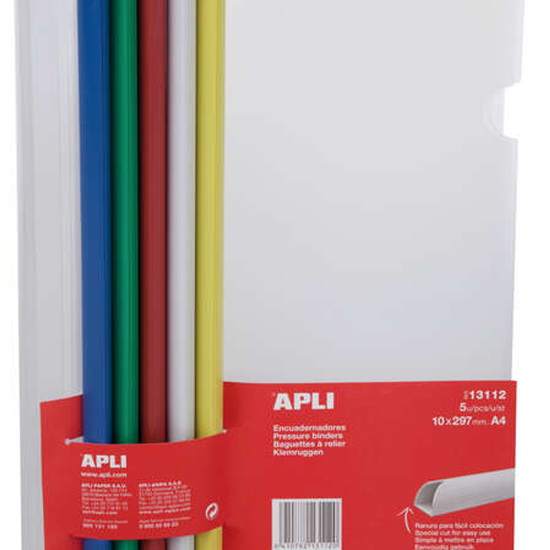 Apli Pack de 5 Encuadernadores Deslizantes 10x297mm - Capacidad de 100 Hojas - Con Funda Transparente - Ranura para Facil Insercion de Hojas - Colores 1