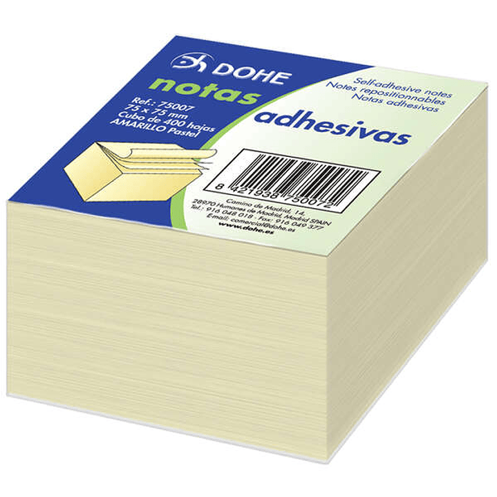 Dohe Cubo de 400 Notas Reposicionables - Tamaño 75x75mm - Papel de 75gr - Ideal para Oficina y Escuela - Color Amarillo Claro 1