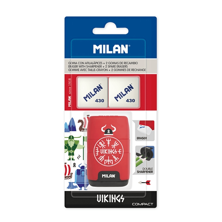 Milan Compact Vikings Afilaborra - 2 Gomas de Recambio - Cuchilla de Acero de Seguridad - Doble Agujero para Normal y Maxi - Colores Surtidos 1
