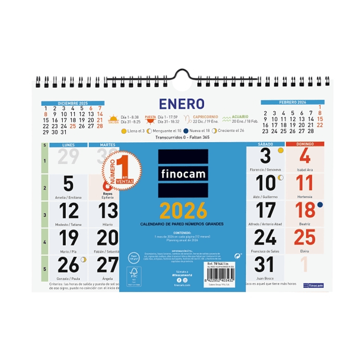 Finocam Calendario de Pared - Anual 2026 - Formato M - 300x10x220mm - Numeros Grandes - Color Azul y Blanco 1