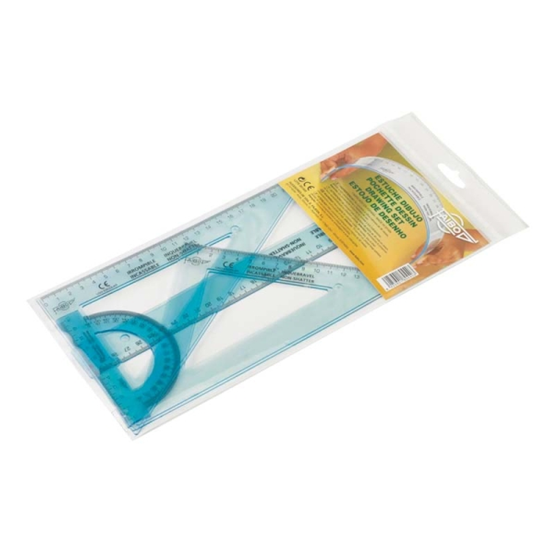 Faibo Pack de Reglas Escolares Irrompibles - Incluye Regla de 30cm, Escuadra de 25cm, Cartabon de 25cm y Semicirculo de 10cm - Presentacion en Bolsa T 1