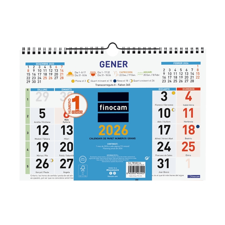 Finocam Calendario de Pared en Catalan - Anual 2026 - Formato M - 300x10x220mm - Numeros Grandes - Color Azul y Blanco 1
