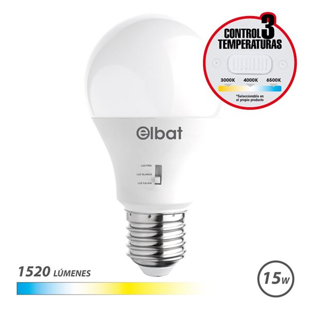 Elbat Bombilla LED A60 - 15W - 1520Lm - E27 - Selector de Luz - Calida 3000K, Blanca 4000K y Fria 6500K 1