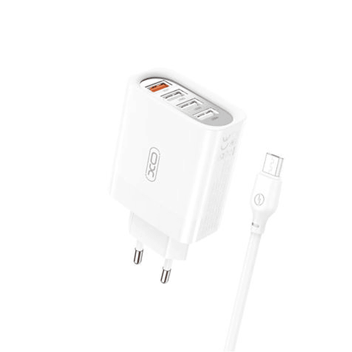 XO L100 Pack Cargador de Corriente 18W - 4x USB-A - Proteccion Intelifente + Cable USB-A a MicroUSB 2.4A 1