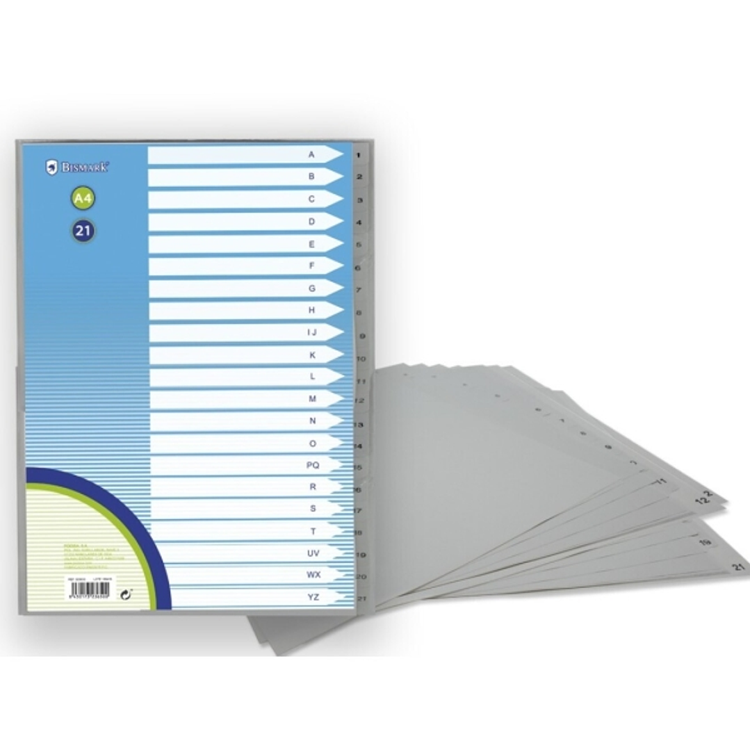 Bismark Indice Numerico con Pestañas del 1 al 21 - Multitaladro - Formato A4 - Fabricados en Polipropileno - Color Gris 1