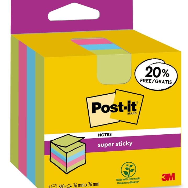 Post-It Super Sticky Cubo de 300 Notas Adhesivas Reposicionables - 76x76mm - 100% PEFC - Colores Surtidos 1