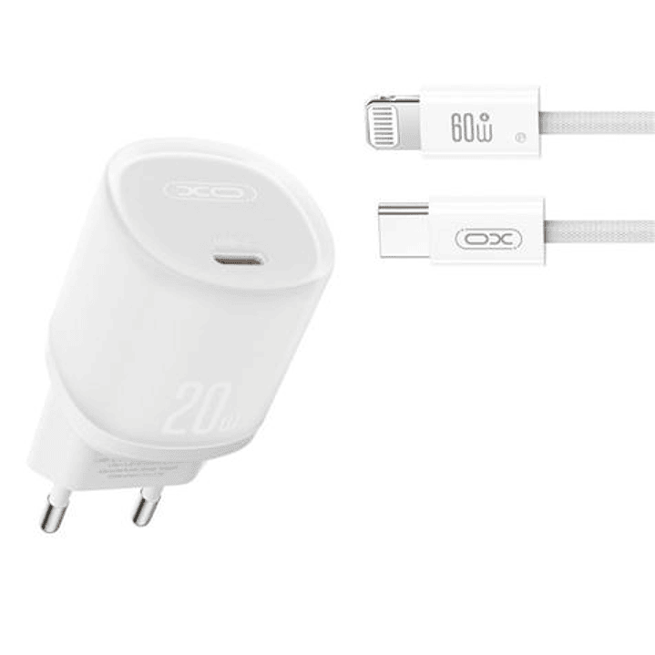 XO L143 Cargador de Corriente 20W - USB-C - PD 3.0 y QC 3.0 - Incluye Cable USB-C a Lightning - Color Blanco 1